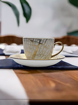 At Home by Nilkamal - Ebony Cream E662 200 ml Cup & Saucer Set of 6 (Multicolor)