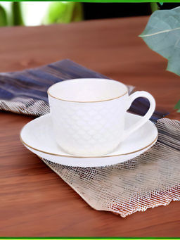 At Home by Nilkamal - Gold Ripple Cup & Suacer Set of 6 Piece 230ml (White)