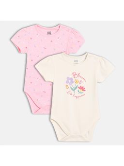 MINI KLUB - Beige and Pink Cotton Half Sleeves Floral Printed Bodysuits (Pack of 2)