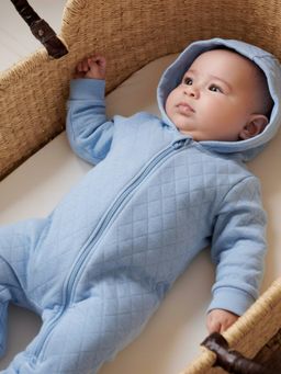 Oh My Bebe - Blue Quilted Organic Cotton Hooded Baby Romper