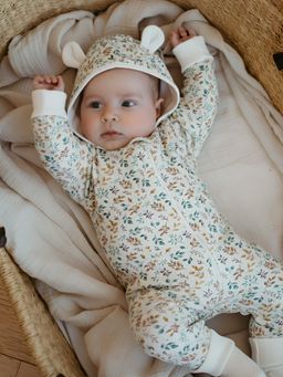 Oh My Bebe - Cream Quilted Floral Organic Cotton Hooded Baby Romper