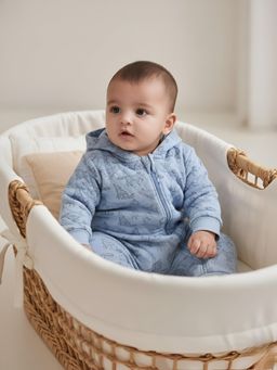 Oh My Bebe - Organic Blue Animal Print Quilted Hooded Baby Romper