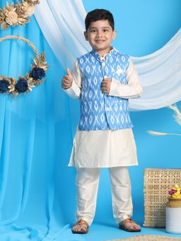 Vastramay - Boys Aqua & Cream Jacket With Kurta & Pyjama (Set of 3)
