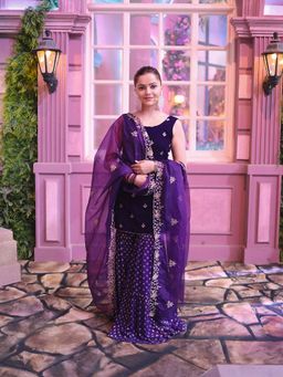 MONK & MEI - Cyra-Short Kurta And Sharara With Dupatta-Purple (Set Of 3)