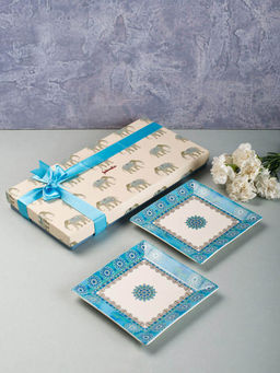 Fabindia - Blue Tuhina Decaled Ceramic Platter (Pack of 2)