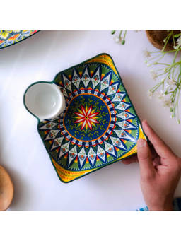 Femora - Chip and Dip Snack Plate with Dip Section Blue Aboriginal print