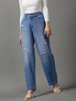 SHOWOFFFF - Women's Mildly Distressed Straight Fit Blue Denim Jeans