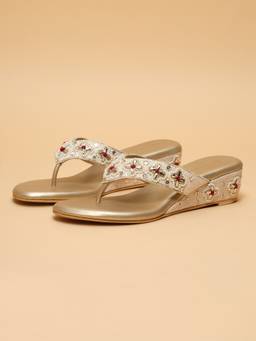 ERIDANI - Roohee Gold Embellished Toe Post Wedges Heels for Women