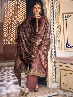 Stylee LIFESTYLE - Brown Velvet Embroidered Dress Material (Set of 3)