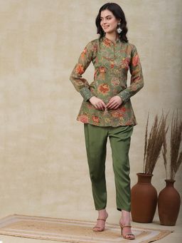 FASHOR - Printed & Embroidered Kurta with Pant - Green (Set of 2)