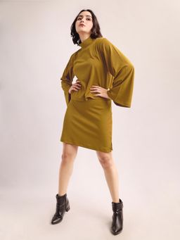 PURVAJA - Mustard Yellow Bell Sleeves High Neck Solid Co-Ord Set