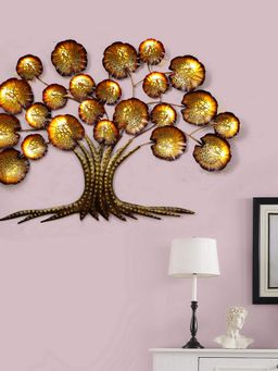 eCraftIndia - Golden Beautiful Leaves Tree Iron Wall Hanging with background LED