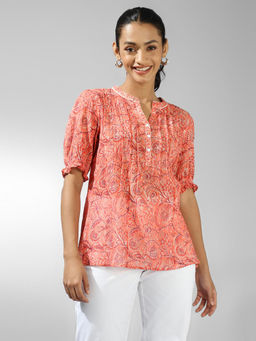 Fabindia - Orange Cotton Pintucks Top