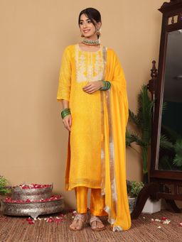 Varanga - Yellow Printed Embroidered Yoke Straight Kurta with Pant and Dupatta (Set of 3)