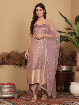 Varanga - Mauve Brocade Zari and Sequins Lace Embellished Kurta with Pant and Dupatta (Set of 3)