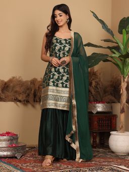 Varanga - Brocade Strap Sleeves Kurta with Sharara and Dupatta (Set of 3)