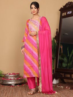 Varanga - Pink Foil Printed Bandhani Embroidered Kurta with Pant and Dupatta (Set of 3)