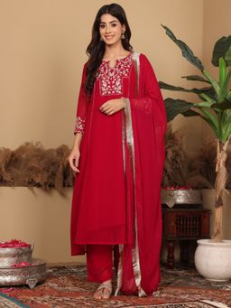 Varanga - Red Embroidered Aline Kurta with Pant and Dupatta (Set of 3)