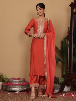 Varanga - Silk Red Zari Embroidered Kurta with Pant and Dupatta (Set of 3)