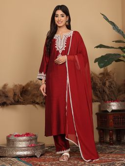 Varanga - Maroon Thread Sequin Embroidered Kurta with Pant and Dupatta (Set of 3)