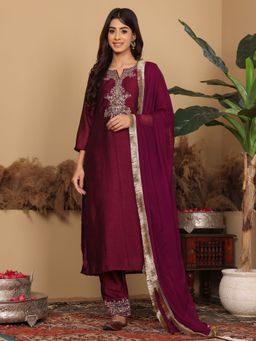 Varanga - Burgundy Zari Embroidered Kurta and Pant with Dupatta (Set of 3)