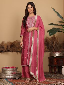 Varanga - Pink Silk Thread Embroidered Kurta and Pant with Dupatta (Set of 3)