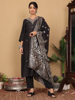 Varanga - Pure Silk Black Embroidered Design Kurta with Pant and Dupatta (Set of 3)