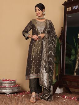 Varanga - Pure Silk Metallic Olive Woven Embroidered Kurta with Pant and Dupatta (Set of 3)