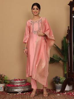 Varanga - Pure Silk Pink Hand Embroidered Kurta with Pant and Dupatta (Set of 3)