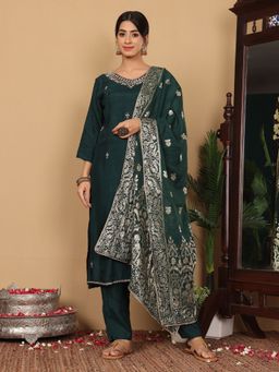 Varanga - Pure Silk Round Neck Embroidered Kurta with Pant and Dupatta (Set of 3)