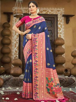 Odette - Womens Navy Blue Paithani Silk Woven Design Saree with Unstitched Blouse