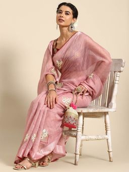 Odette - Pink Cotton Embroidered Saree with Unstitched Blouse