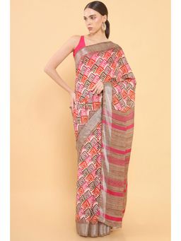 Soch - Women Fuchsia Chanderi Printed Saree with Unstitched Blouse