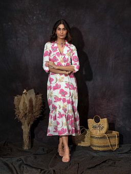 Golden Mirror Fashion - Notched Collar Floral Printed Dress - Multi-Color