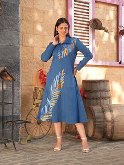 Golden Mirror Fashion - Denim Leaf Embroidery Dress - Blue
