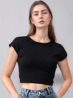 98 Degree North - Women Cotton Fitted Crop Top - Black