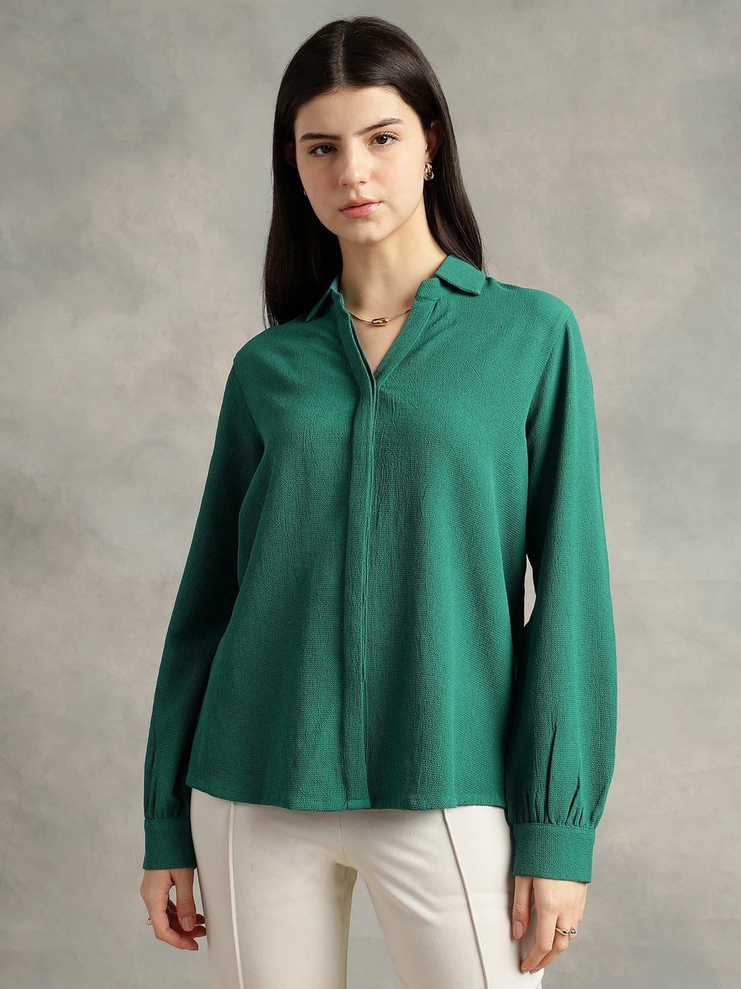 Women Teal Green Textured Shirt-picture-36