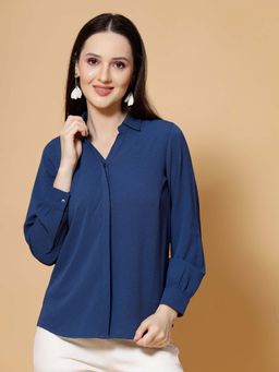 Strong And Brave - Women Blue Textured Shirt