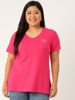 theRebelinme - Plus Size Womens Fuchsia Solid Color V-Neck Cotton T-Shirt
