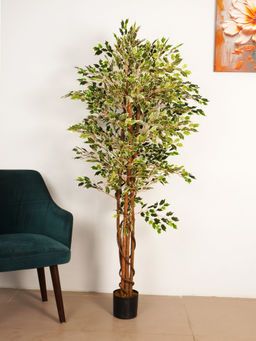ARICK DECOR - 5.2Ft Artificial Variegated Ficus White & Green Fig Tree with Pot