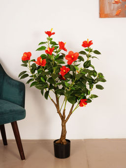 ARICK DECOR - 3.6Ft Artificial Green Hibiscus Flower Plant with Pot