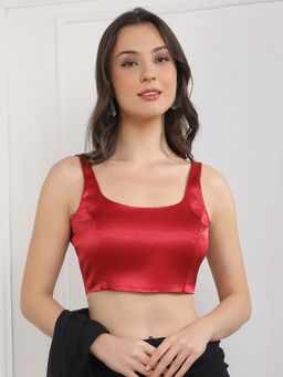HAPPY OWL - Sleeveless Satin Readymade Red Stitched Blouse