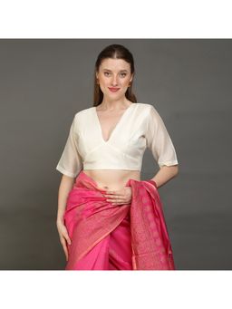 Palash - White Deep V- Neck Chanderi Silk Stitched Blouse