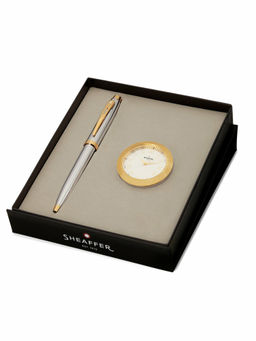 Sheaffer - 100 Ballpoint Pen with Table Clock Bright Chrome with Gold Trims Gift Set