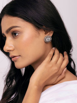Indya - Oxidized Silver White Circular Stud Earrings