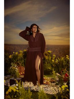 Nirmooha - Brown Elegant High Slit Maxi Dress with Belt (Set of 2)