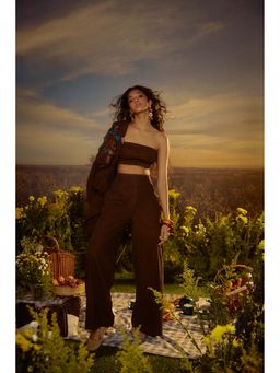 Nirmooha - Brown Pleated Bustier with Pant (Set of 2)