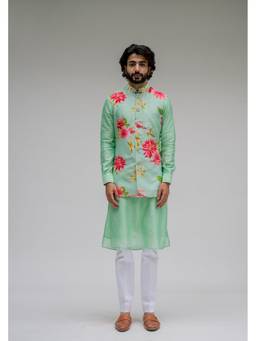 Chrkha - Bagh Green Kurta with Pant and Nehru Jacket