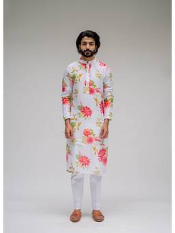 Chrkha - Bagh White Printed Kurta with Pant