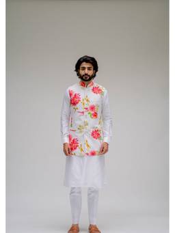 Chrkha - Bagh White Printed Kurta with Pant and Nehru Jacket